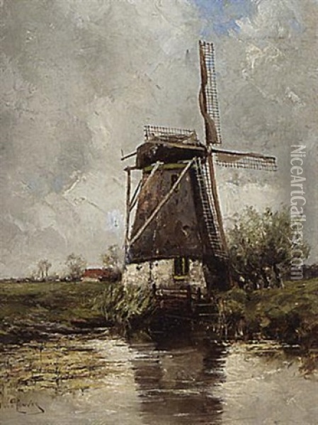A Windmill In A Polder Landscape Oil Painting - Hermanus Koekkoek the Younger
