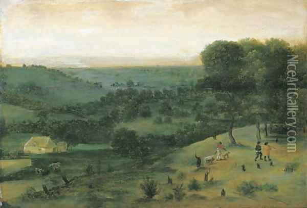 An extensive wooded landscape with huntsmen, a peasant and cattle in the distance Oil Painting - Jacob Grimmer