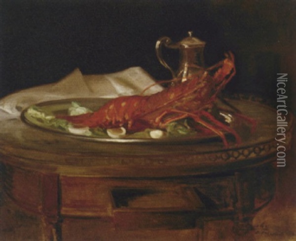 A Lobster On A Silver Salver Oil Painting - Jacques-Emile Blanche