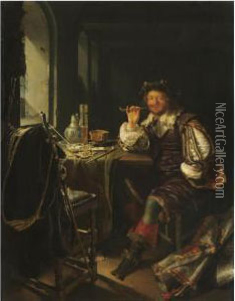An Interior With A Soldier Smoking A Pipe Oil Painting - Frans van Mieris