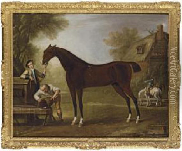Flying Childers Held By A Groom, With Other Figures, In A Landscapewith A Cottage Beyond Oil Painting - Thomas Stringer