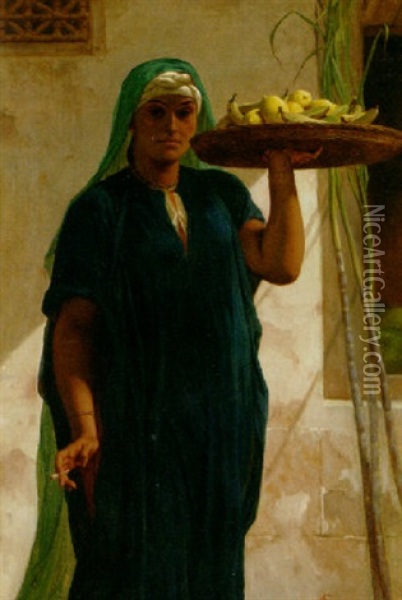 An Egyptian Woman Holding A Tray Of Bananas And Lemons Oil Painting - Frederick Goodall