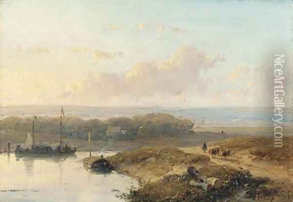 Shipping on a calm river in a panoramic summer landscape Oil Painting - Andreas Schelfhout