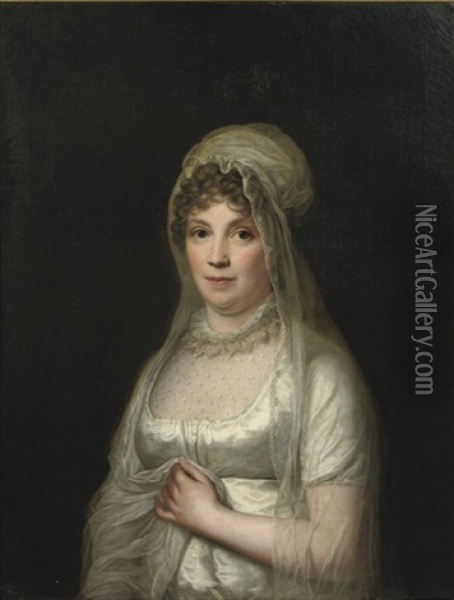 Portrait Of A Lady (lady Von Binzer?) In A White Dress And A White Headdress And Veil Oil Painting - Jens Juel