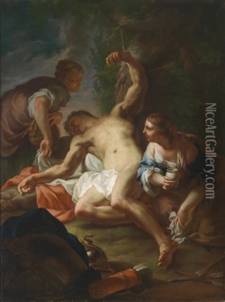 Die Wunden Des Heiligen Sebastian Werden Von Der Heiligen Irene Gepflegt Oil Painting - Antonio Balestra