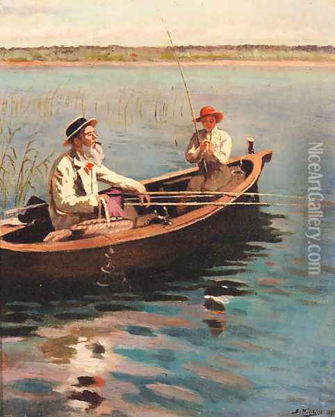 Fishing on a Lake on a Summer's Day Oil Painting - Aleksandr Vladimirovich Makovsky