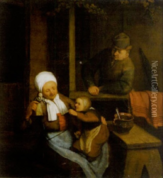 A Couple Entertaining A Young Child Oil Painting - Adriaen Jansz van Ostade