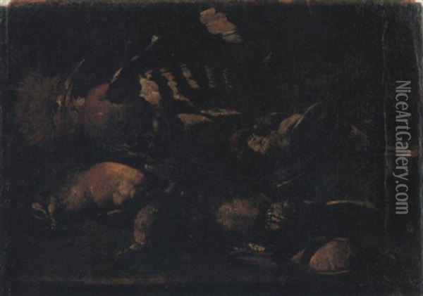 Upupa, Pavoncella, Pettirosso E Altri Uccelli Su Un Piano Di Pietra Oil Painting - Baldassare De Caro