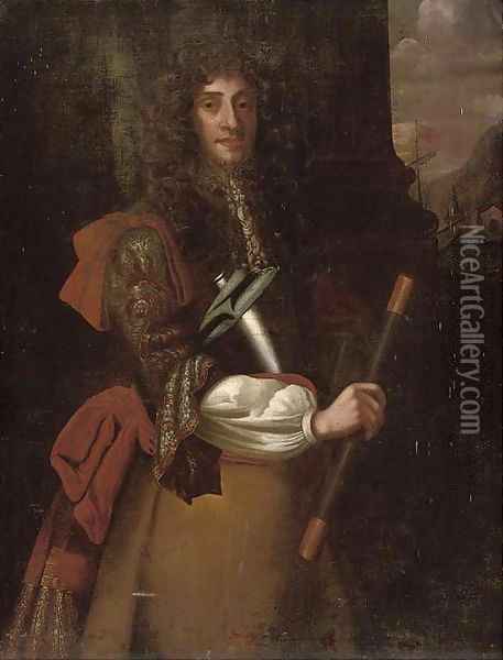 Portrait of James II (1633-1701), three-quarter-length, a telescope in his right hand, with ships beyond Oil Painting - John Riley