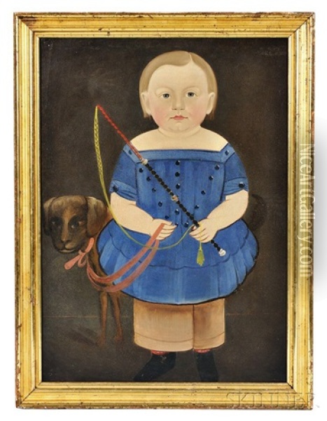 Portrait Of A Boy In A Blue Dress With His Dog Oil Painting - Sturtevant J. Hamblen