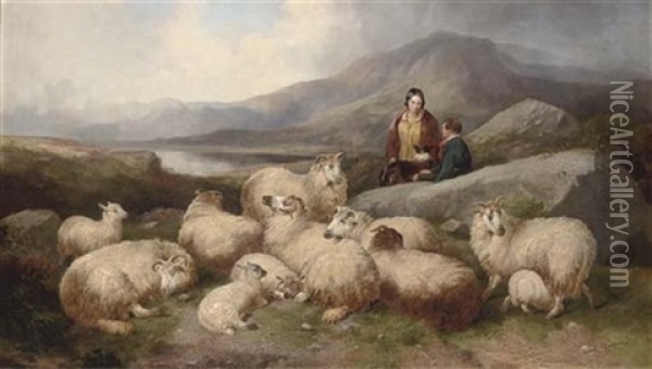 A Shepherd With His Flock In A Highland Landscape Oil Painting - John W. Morris