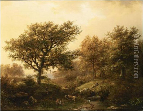 A Hilly Landscape In The Late Afternoon With A Cowherd Near A Stream Oil Painting - Barend Cornelis Koekkoek
