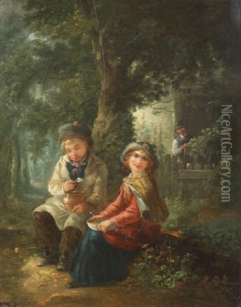 Couple D'enfants Mangeant Devant Une Ferme Dans La Foret Oil Painting - Paul Constant Soyer