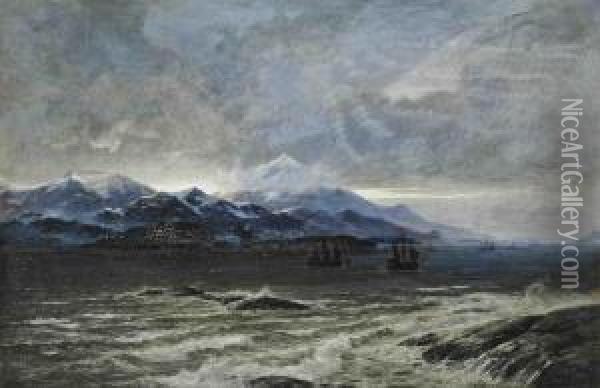 Shipping At Dusk Off The Coast Of Chile, With The Andes Beyond Oil Painting - Hugo Schnars-Alquist