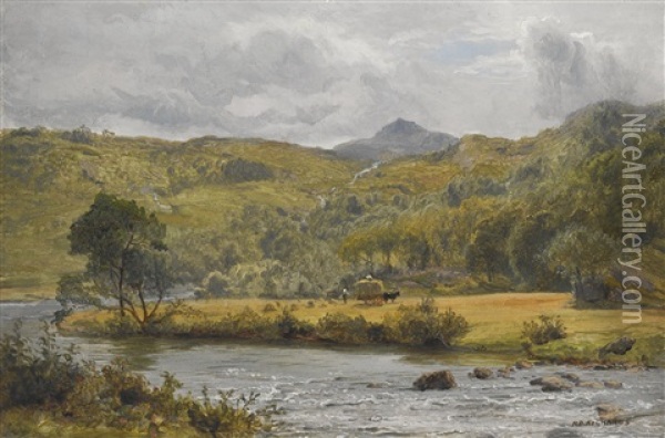 A River Landscape With Harvesters Oil Painting - Richard Peter Richards