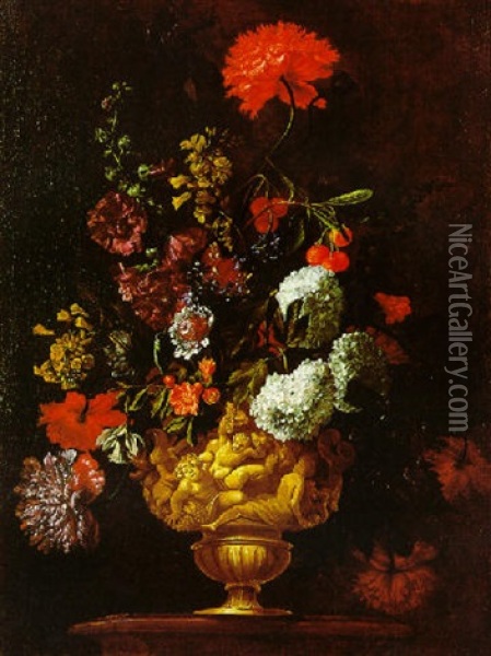 Groser, Dekorativer Blumenstraus In Einer Prunkvase Oil Painting - Antoine Monnoyer