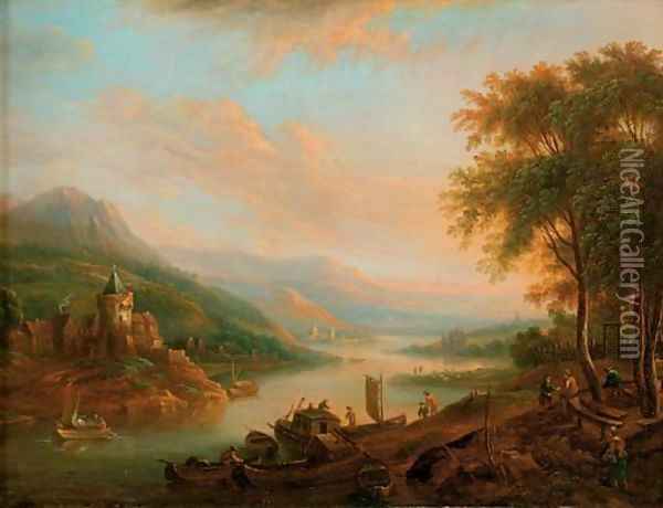 A Rhenish landscape with moored vessels, a village with a castle beyond Oil Painting - Christian Georg II Schutz or Schuz