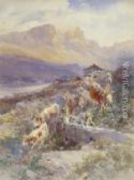 Alpaufzug In Gebirgstal Mit See Oil Painting - Edward Theodore Compton