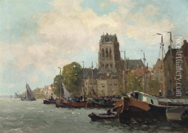 A View Of Dordrecht Harbour With The Grote Kerk Oil Painting - Gerard Delfgaauw