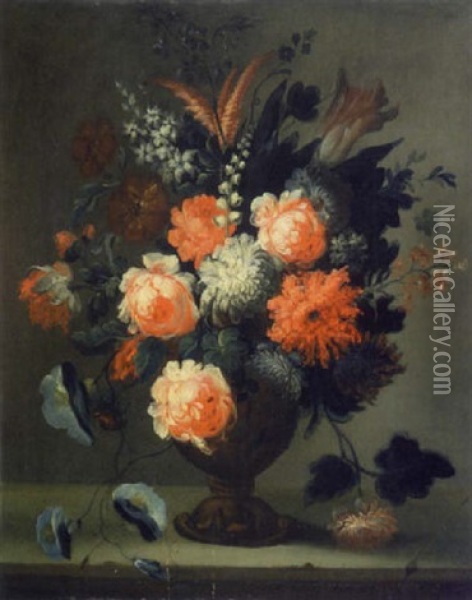Fleurs Dans Un Vase Pose Sur Un Entablement Oil Painting - Nicolas Ricoeur