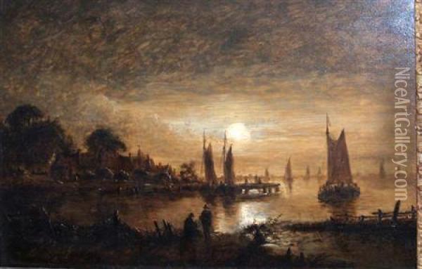 Estuary By Moonlight Oil Painting - Aert van der Neer