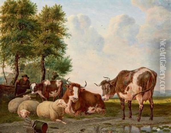 Landschaft Mit Weidendem Viehund Einem Bauern Oil Painting - Martinus Antonius Kuytenbrouwer