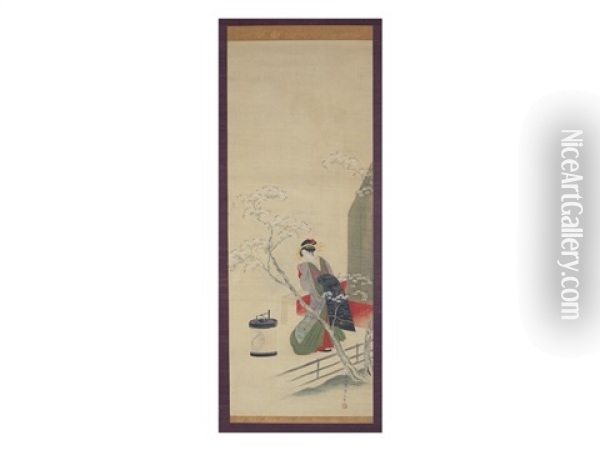 Oiran With A Cherry Tree Oil Painting - Eishi Hosoda