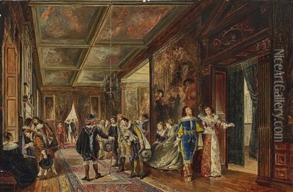 Court Courtiers In Costumes Of The 17th Century Waiting For The Ruler In A Magnificent Castle Hallway Oil Painting - Robert Alexander Hillingford