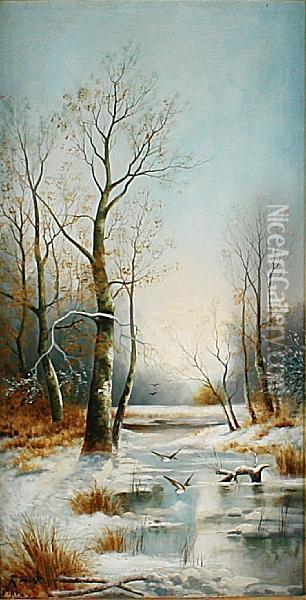 Moonlit River Landscape; Wintry Riverlandscape Oil Painting - R. Ducat