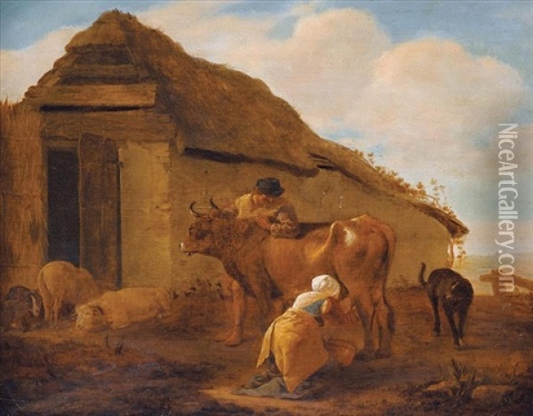 A Landscape With A Milkmaid, A Cow And Livestock Oil Painting - Pieter Jacobsz. van Laer