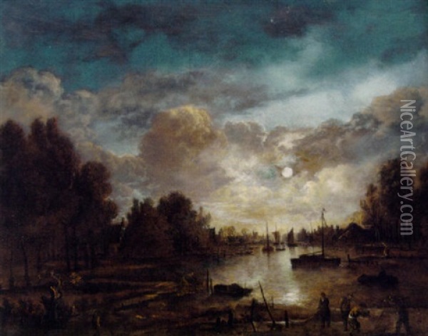 A Moonlit River Landscape With Fishermen In The Foreground Oil Painting - Aert van der Neer