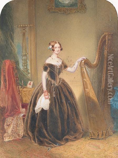 An Elegant Harpist In An Interior. Oil Painting - George Richmond