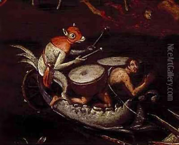 The Inferno, detail of fantastical animals playing the drums on a boat Oil Painting - Herri met de Bles