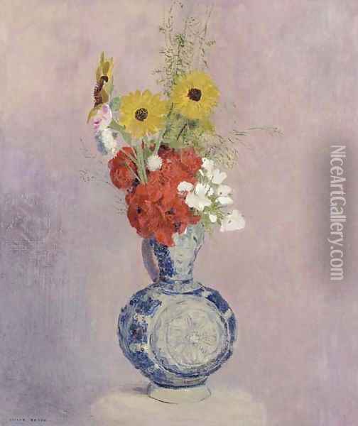 Bouquet de fleurs dans un vase bleu Oil Painting - Odilon Redon