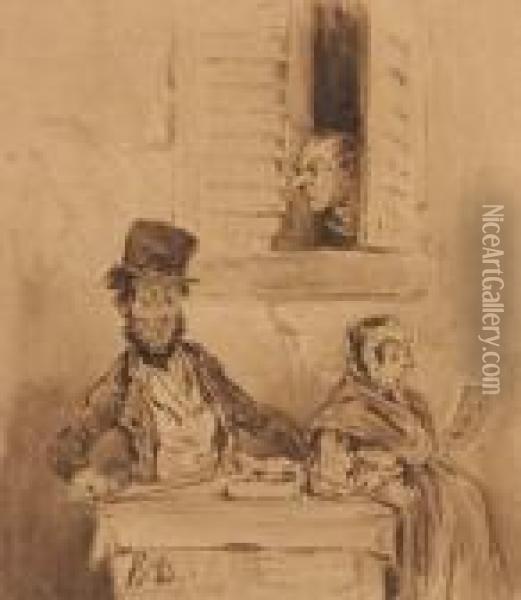 Un Homme Et Une Femme Assis A Une Table Dehors, Un Homme Sepenchant A Une Fenetre Oil Painting - Honore Daumier
