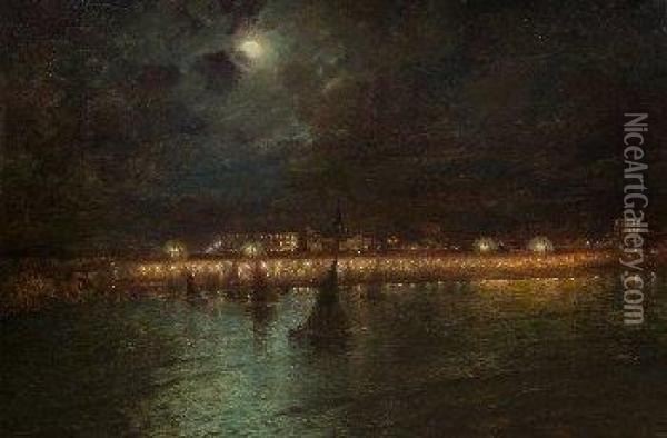 Vista Nocturna De Un Puerto Oil Painting - Luis Graner Arrufi