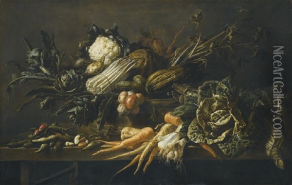 Still Life Of Artichoke, Asparagus, Green Cabbage, Onion, Beans, Carrots And Other Vegetables, All Upon A Wooden Bench Oil Painting - Adriaen van Utrecht