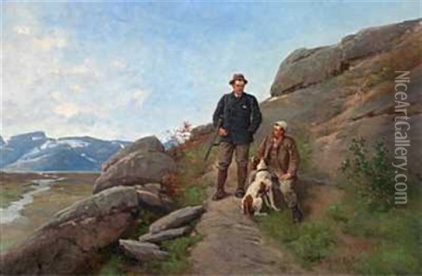 Jegere Med Hund Oil Painting - Axel Ender