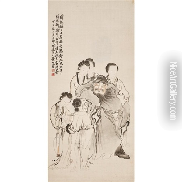 Hanging Scroll, Five Women And An Immortal, Inscription Oil Painting -  Huang Shanshou