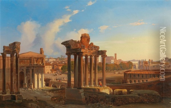 View Of The Forum Romanum With The Saturn Temple Oil Painting - Rudolf Wiegman