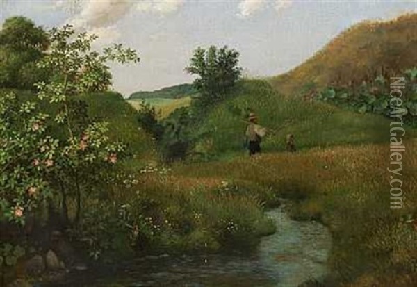 Far Og Datter I Et Sommerlandskab Oil Painting - Carl Henrik Koch Moller