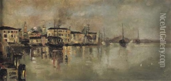 Silenzio - A Harbour In Italy Oil Painting - Pietro Fragiacomo