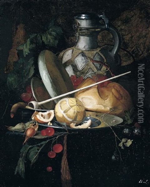 A Still Life Of A Peeled Lemon And Orange On A Pewter Plate, Cherries, Nuts, A Pipe, A Jug, Bread And Other Objects Resting On A Ledge Oil Painting - Elias van den Broeck