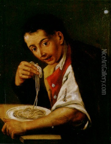 A Young Man Eating Spaghetti Oil Painting - Giuseppe Bonito