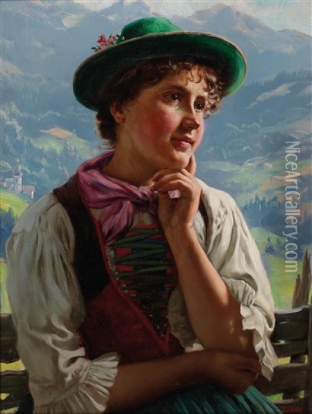 Girl In Traditional Costume In An Alpine Landscape Oil Painting - Emil Rau