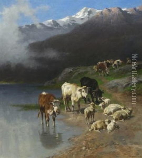 Kuhe Und Schafe Mit Einem Huterjungen Am Ufer Eines Gebirgsees Oil Painting - Christian Friedrich Mali