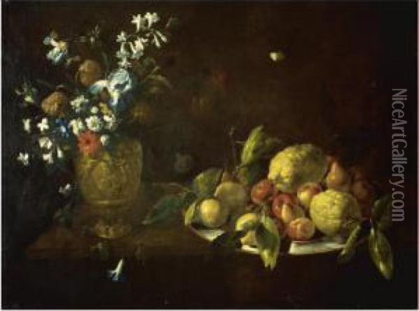 Still Life With Fruit Piled High On A Plate Beside A Bronze Urnfilled With Flowers Oil Painting - Giovanni Stanchi