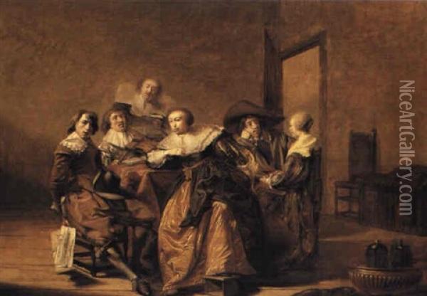 A Musical Party Seated Around A Table In An Interior Oil Painting - Pieter Jacobs Codde