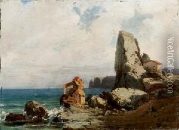 Scoglio Di Napoli, Il Bacio Della Partenza - 1870 Oil Painting - Carlo Jotti