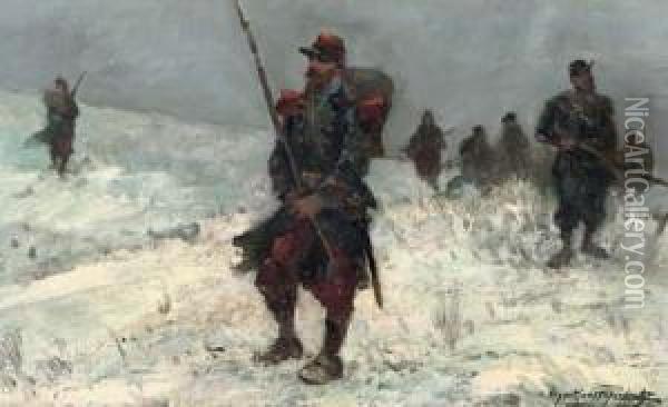 Dutch Infantry In The Snow Oil Painting - Jan Hoynck Van Papendrecht